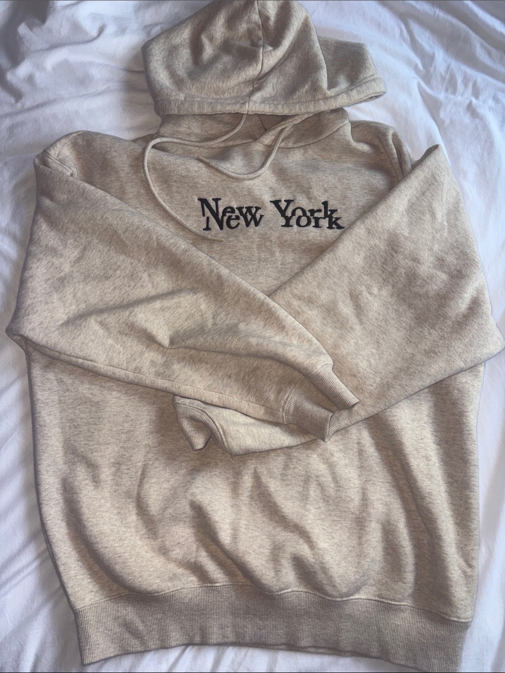 Cream Hoodie with Black "New York" Embroidery